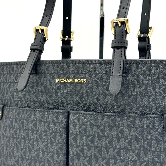 Michael Kors Jet Set Medium Pocket Tote Bag Black Signature - Picture 3 of 10